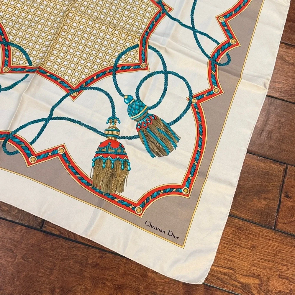 Christian Dior Vintage Silk Tassels Pattern Scarf 34”